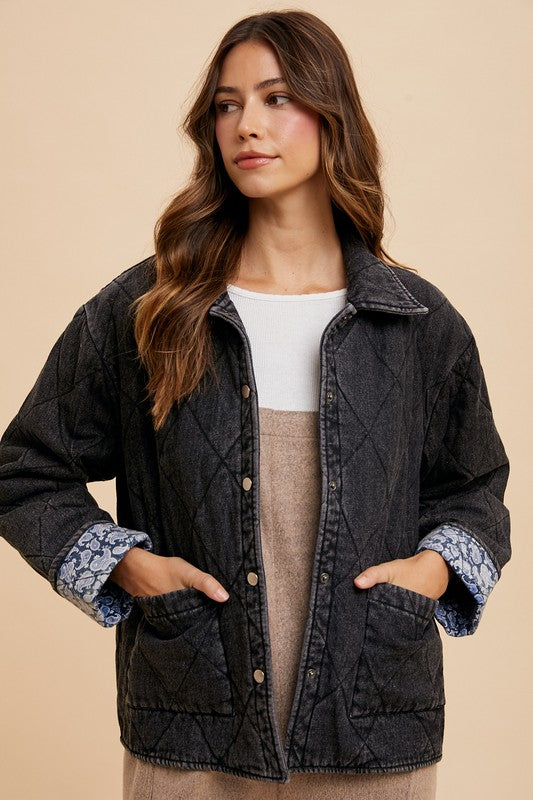 Annie Wear Quilted Printed Lining Snap Down Denim Jacket