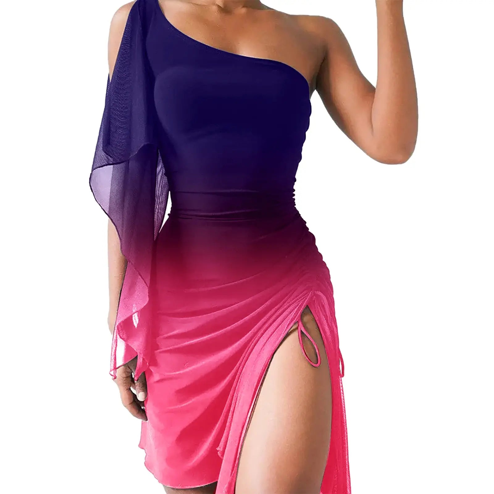 Summer Slim Fit Off Shoulder Dress Women'S Lace Mesh Gradient Elegant Dress Pleated Drawstring Split Dresses For Women 2023