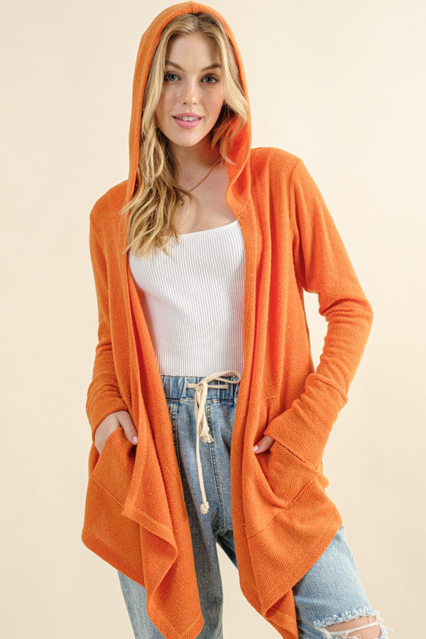 And The Why Full Size Thermal Hooded Open Front Cardigan with Pockets