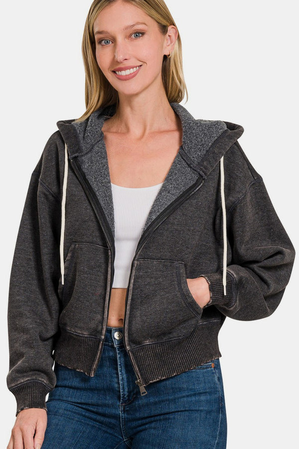 Zenana Acid Wash Fleece Zip-Up Cropped Hoodie