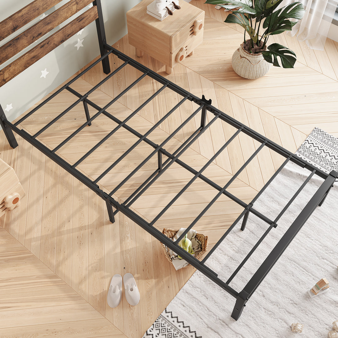 Twin-Sized Platform Bedframe with Slats and Rustic Wooden Head Board_4