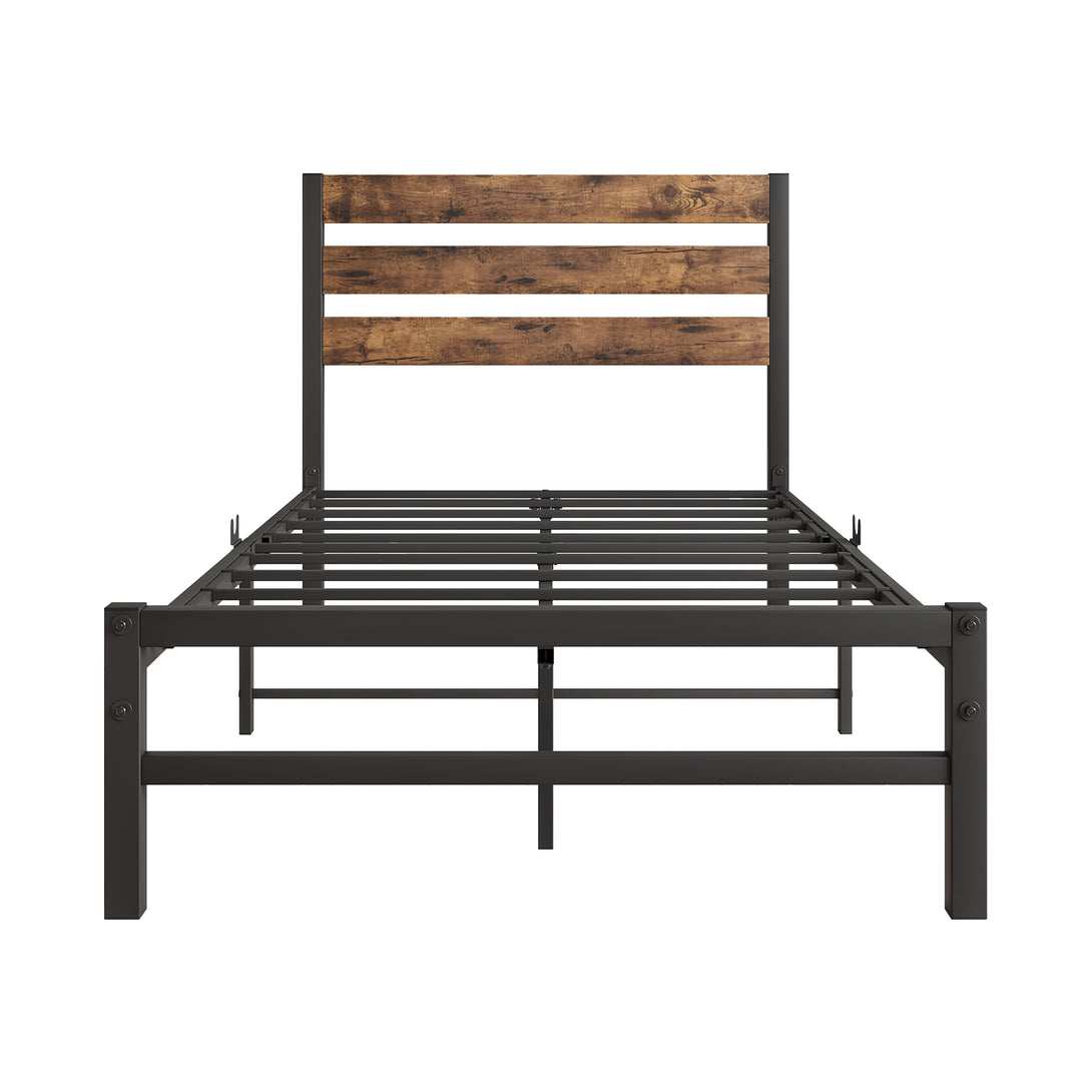 Twin-Sized Platform Bedframe with Slats and Rustic Wooden Head Board_7