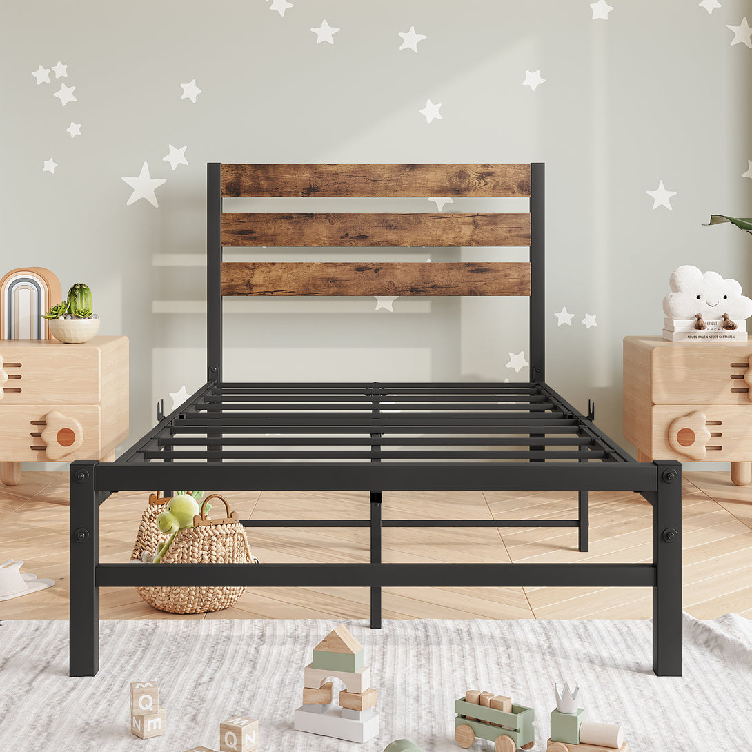 Twin-Sized Platform Bedframe with Slats and Rustic Wooden Head Board_2