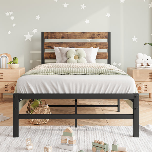 Twin-Sized Platform Bedframe with Slats and Rustic Wooden Head Board_0