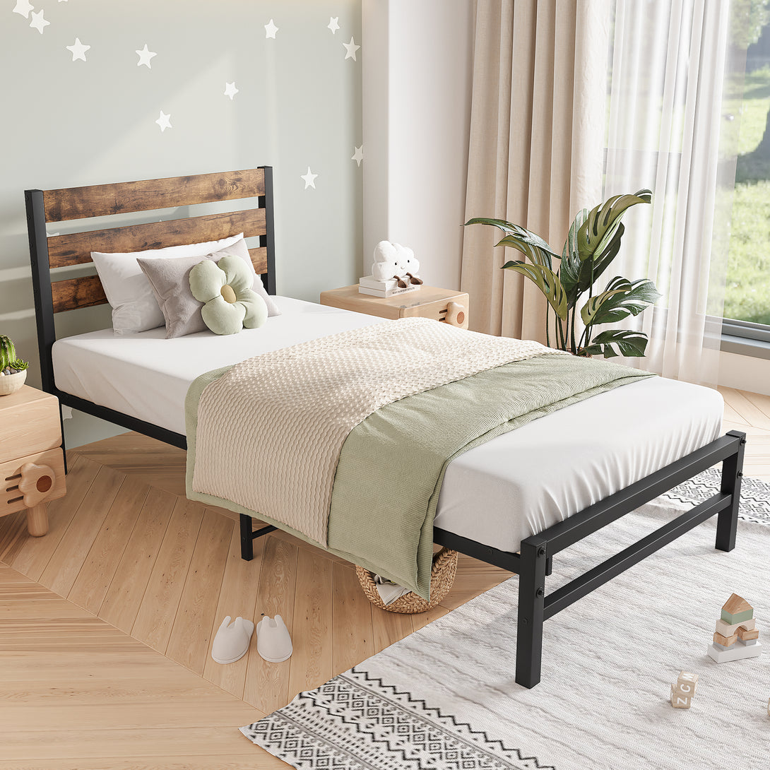 Twin-Sized Platform Bedframe with Slats and Rustic Wooden Head Board_1