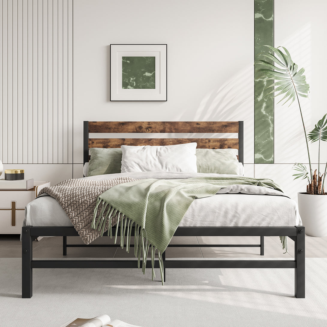 Full-Sized Platform Bedframe with Slats and Rustic Wooden Head Board_1