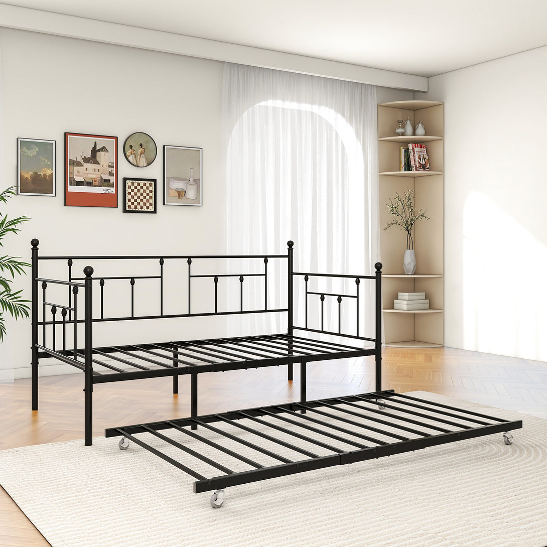 Twin-Sized Full Metal Pull-Out Daybed Bedframe with Trundle No Box Spring_10