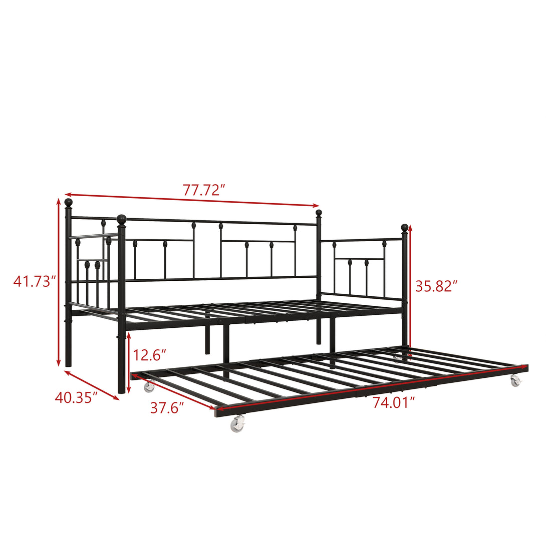 Twin-Sized Full Metal Pull-Out Daybed Bedframe with Trundle No Box Spring_13