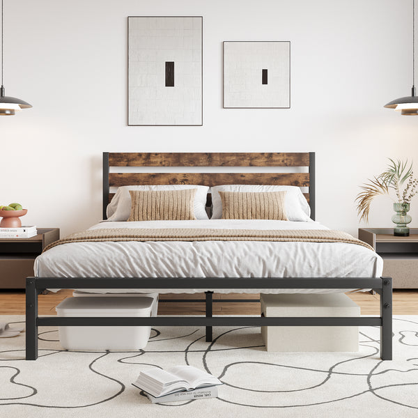 Full-Sized Platform Bedframe with Slats and Vintage Wooden Head Board_0