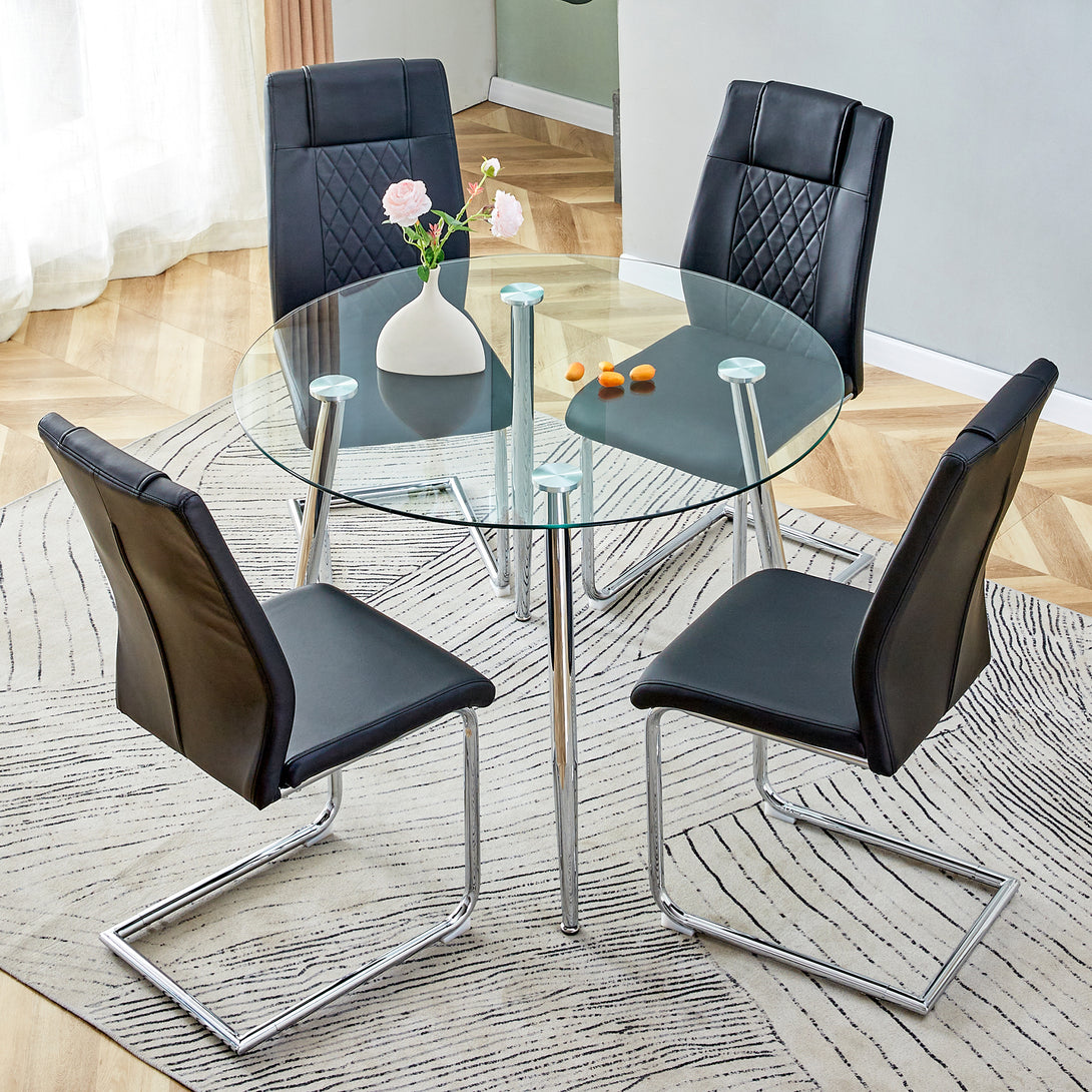 Tempered Glass Transparent Round Dining Table and Black Metal Chair Set- 4 Seater_3