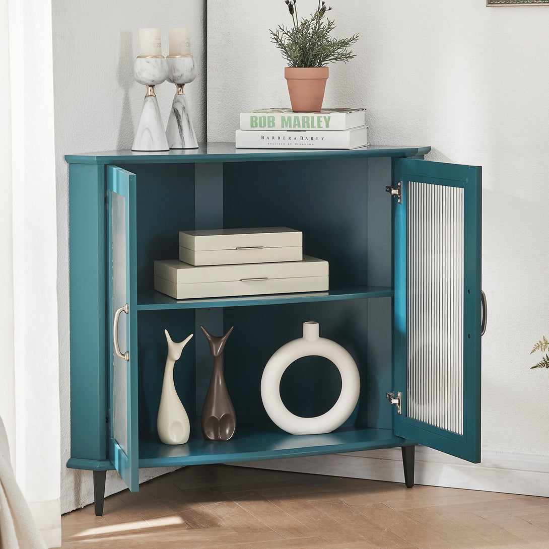 Free-Standing Storage Shelf Organizer Corner Night Stand,Corner Cabinet-Teal Blue_4