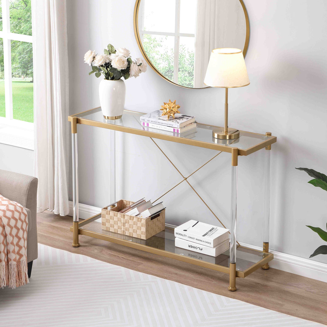 43.31'' Acrylic Golden Glass Sofa Table Console Table for Living Roome& Bedroom_1