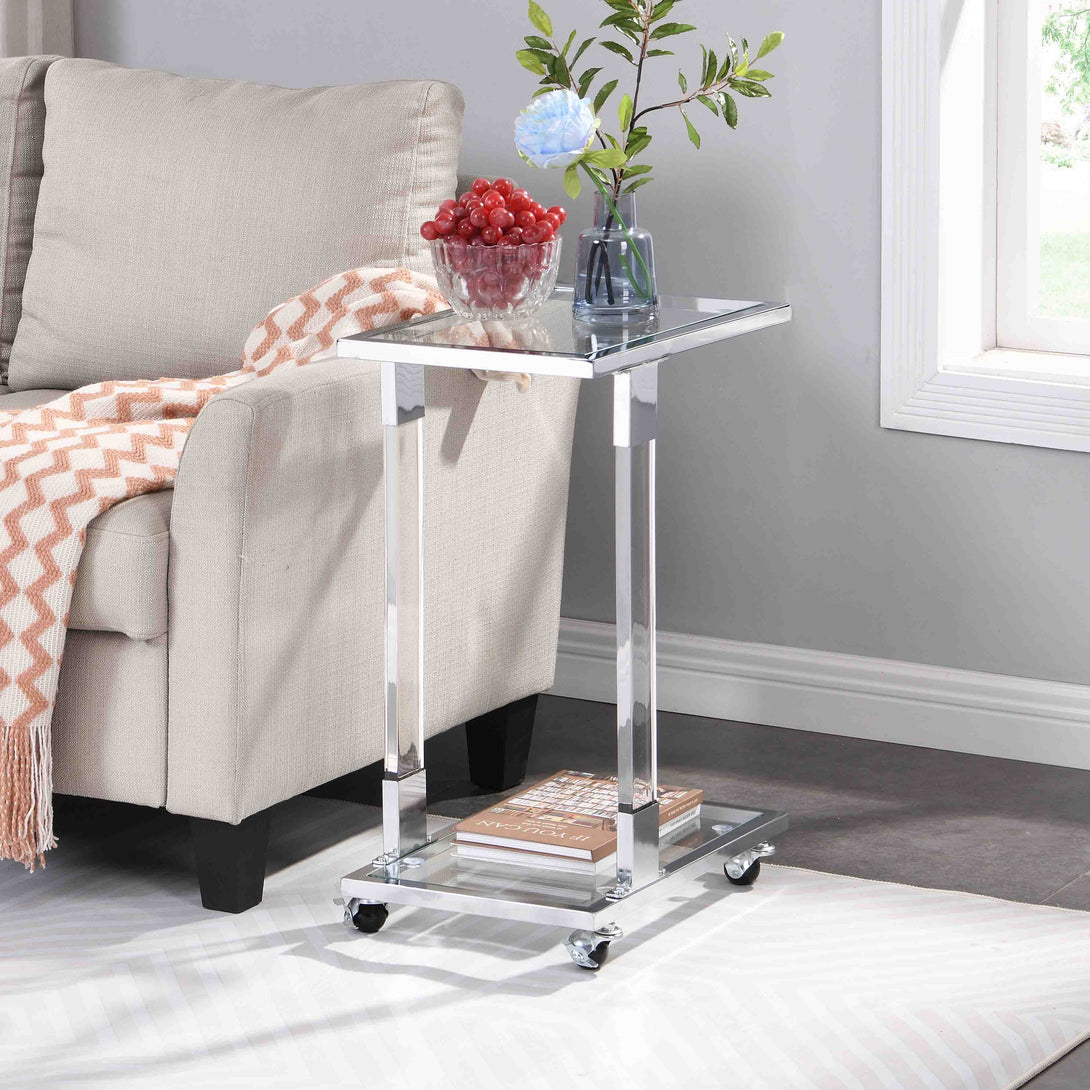 Top C Shape Square Acrylic Table Chrome Glass Side with Metal Base_0