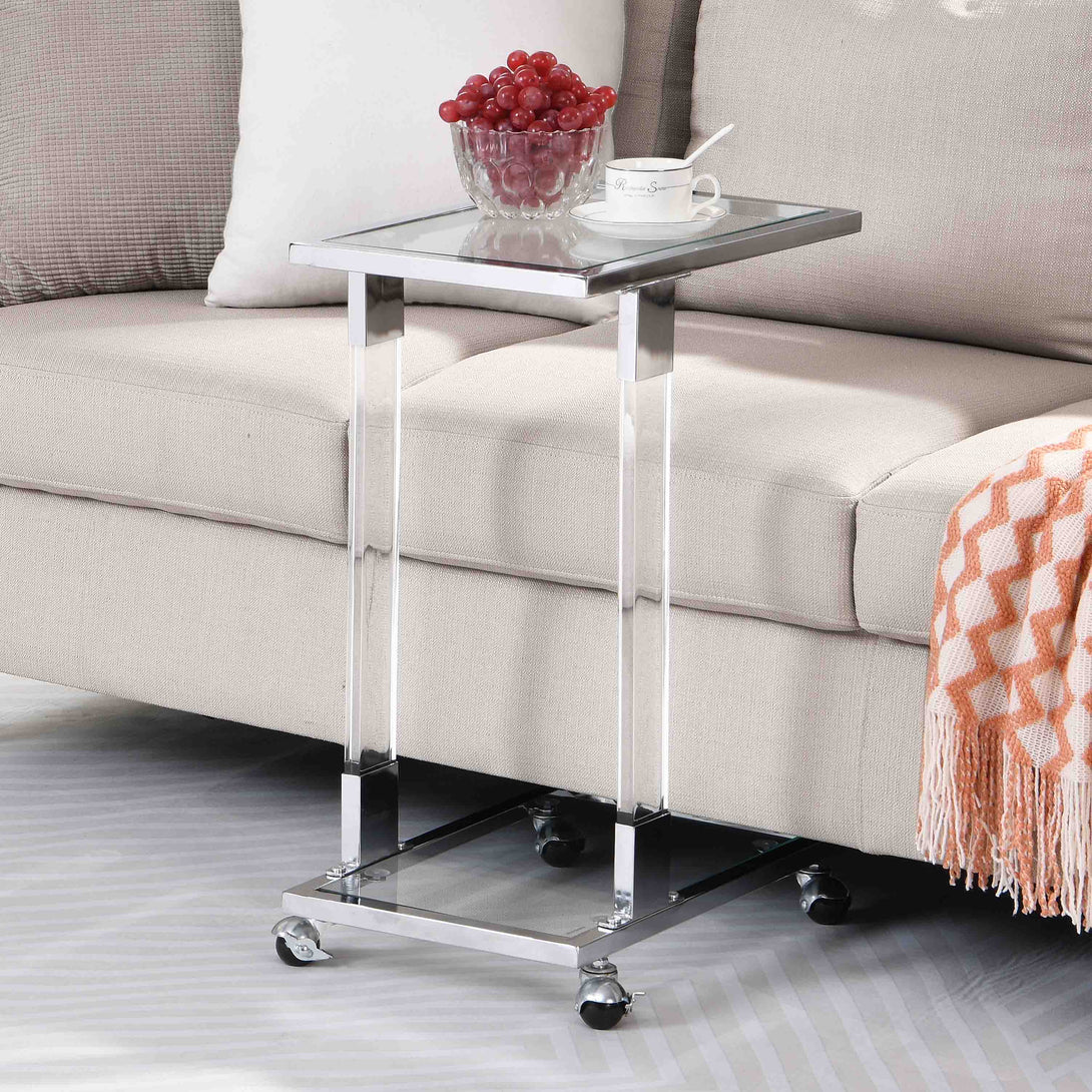 Top C Shape Square Acrylic Table Chrome Glass Side with Metal Base_1