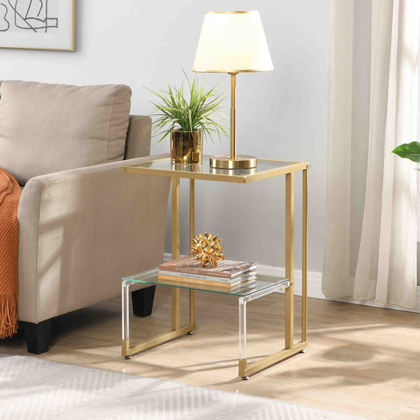 2-Tier Acrylic Glass End Table with Golden Side for Living Room_0