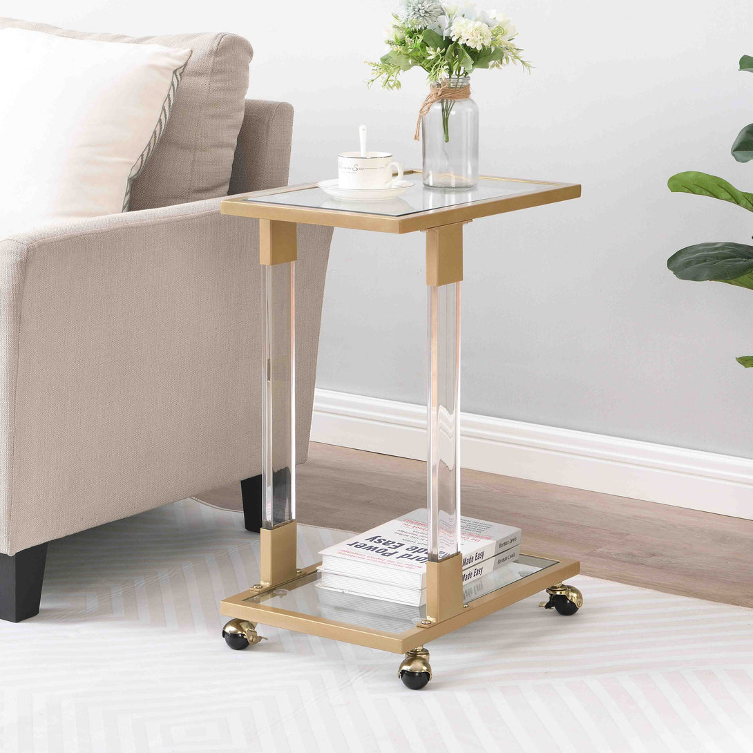 Top C Shape Acrylic Square Sofa Table with Glass Top and 4 Wheels_0