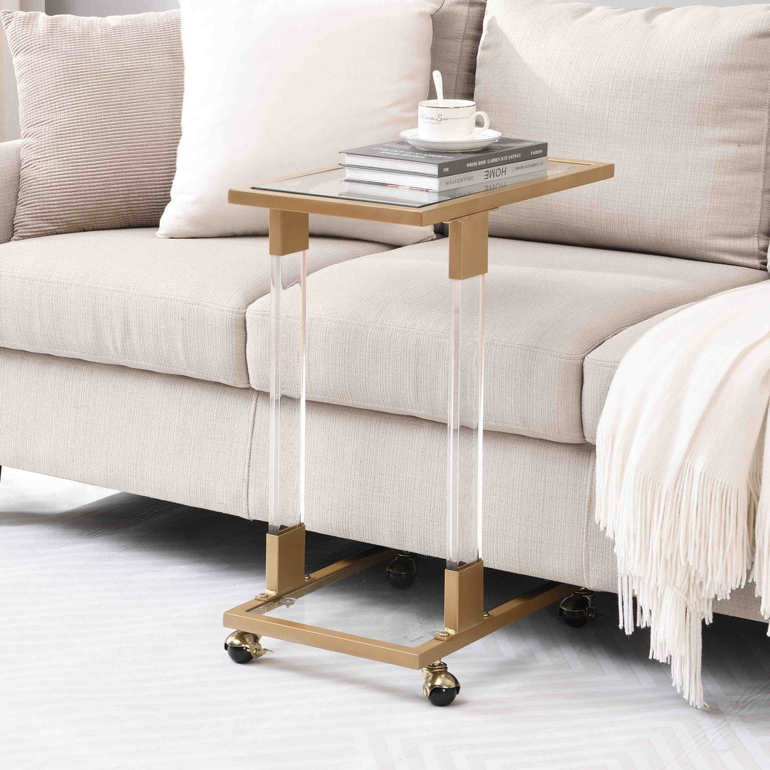 Top C Shape Acrylic Square Sofa Table with Glass Top and 4 Wheels_1