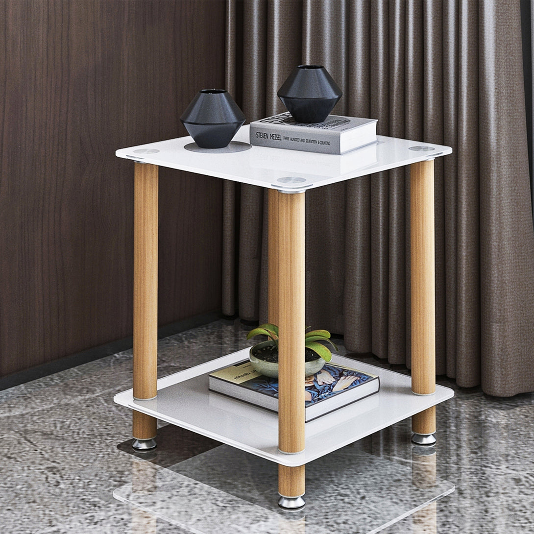 2 Tiers Space Saving End Table Modern Design Night Stand with Storage Shelve- White+Oak_2