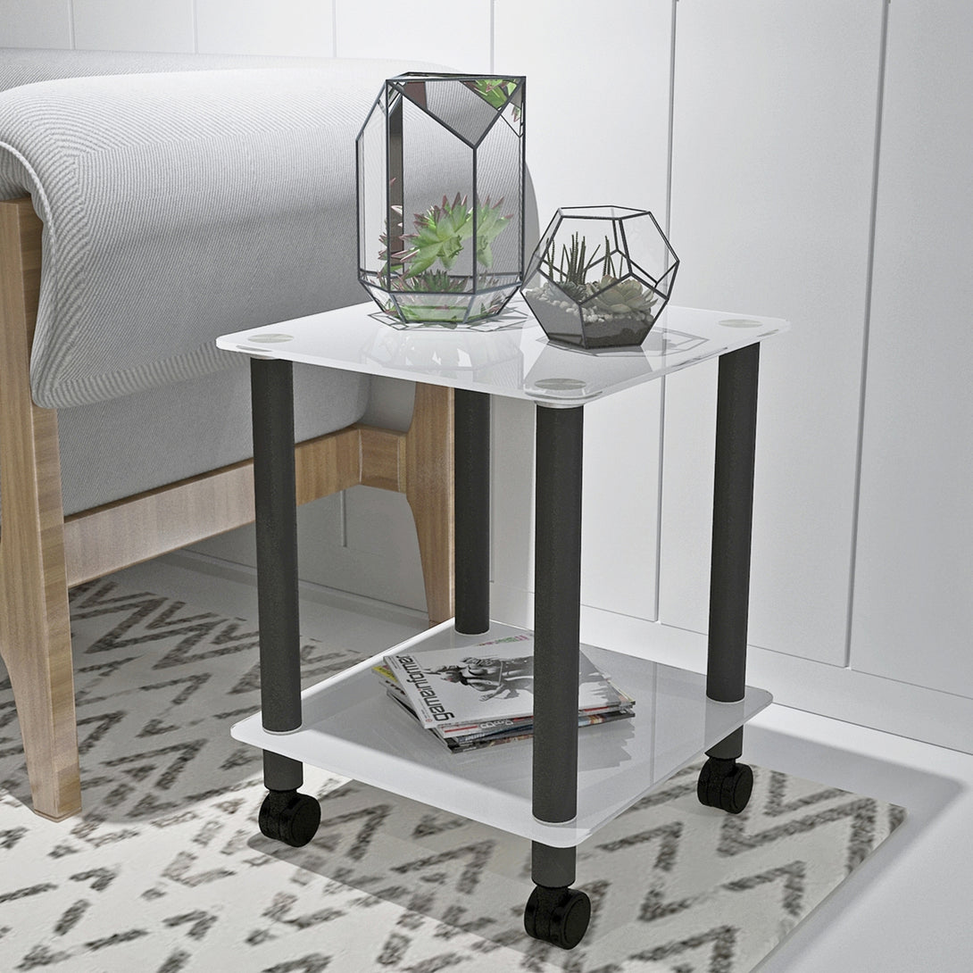 2 Tiers Space Saving End Table Modern Design Night Stand with Storage Shelve- White+Black_2