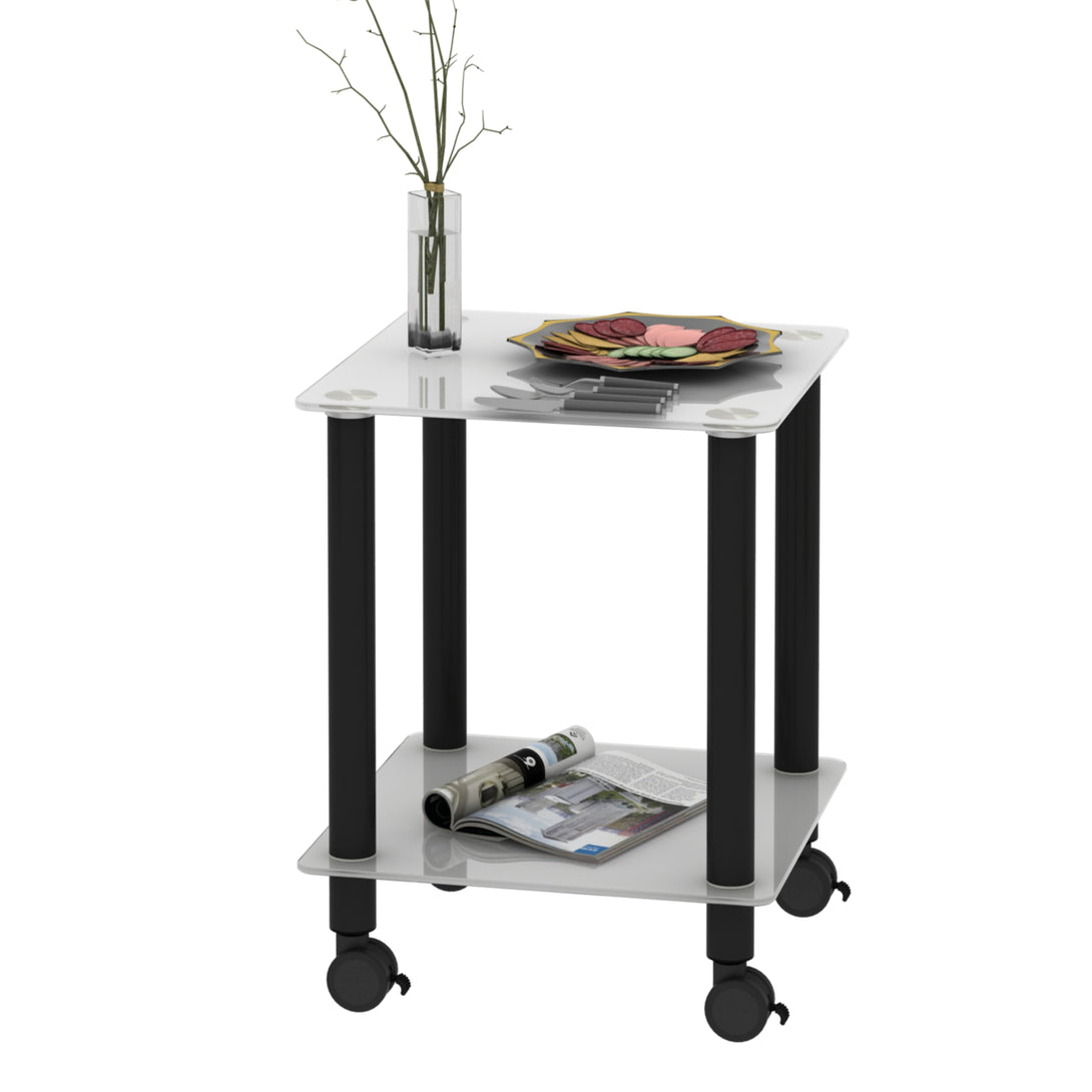 2 Tiers Space Saving End Table Modern Design Night Stand with Storage Shelve- White+Black_23