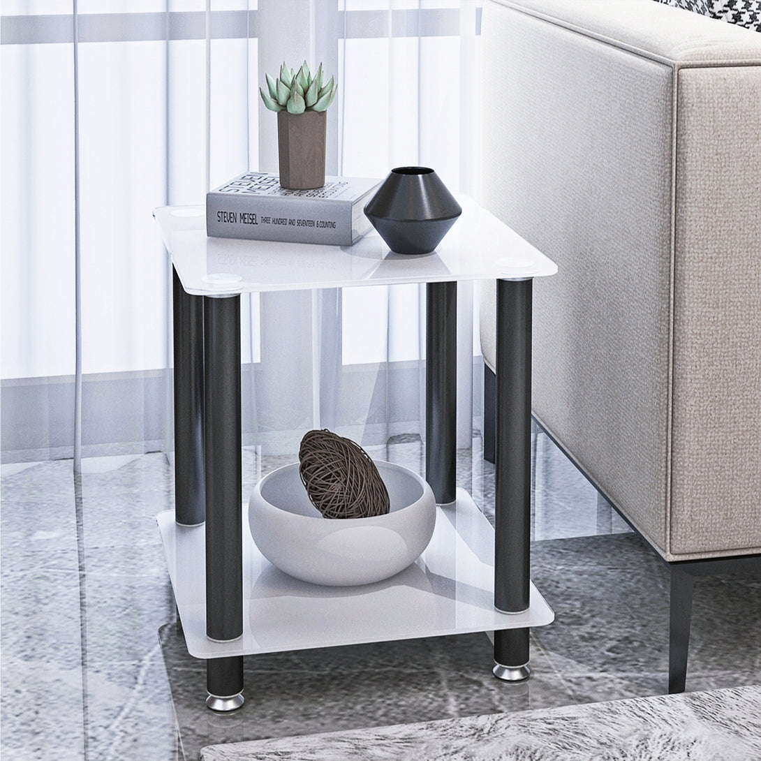 2 Tiers Space Saving End Table Modern Design Night Stand with Storage Shelve- White+Black_3