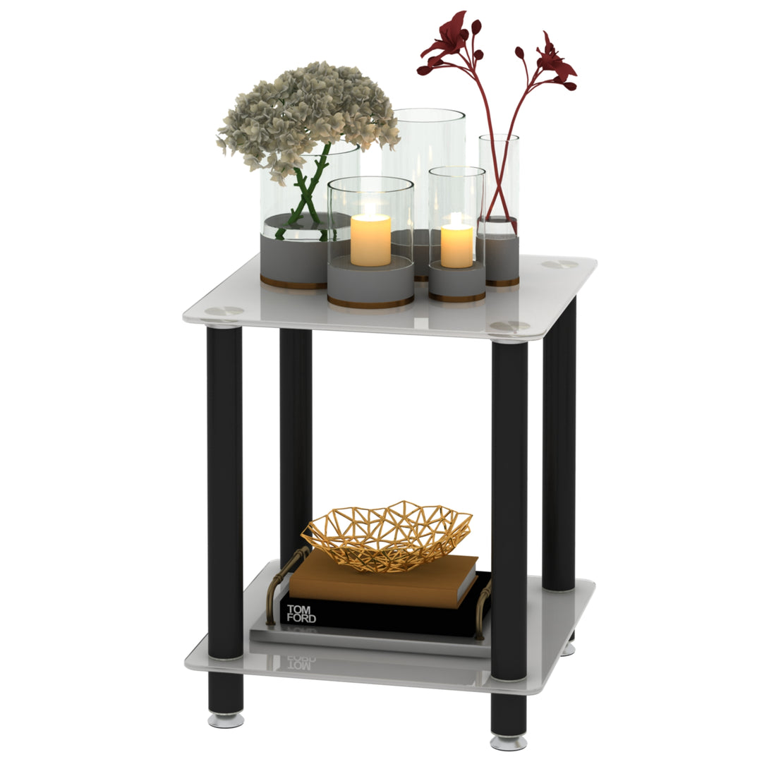 2 Tiers Space Saving End Table Modern Design Night Stand with Storage Shelve- White+Black_20