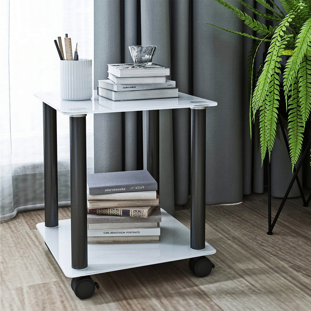 2 Tiers Space Saving End Table Modern Design Night Stand with Storage Shelve- White+Black_1