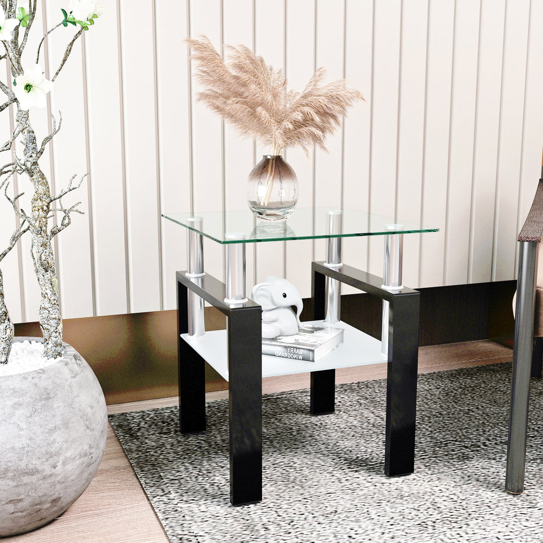 Tempered Glass Bedside Corner Coffee Table Contemporary End Table in Black_3