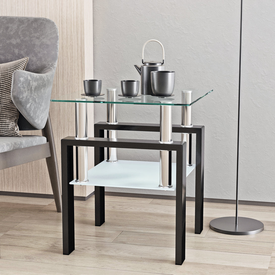 Tempered Glass Bedside Corner Coffee Table Contemporary End Table in Black_2