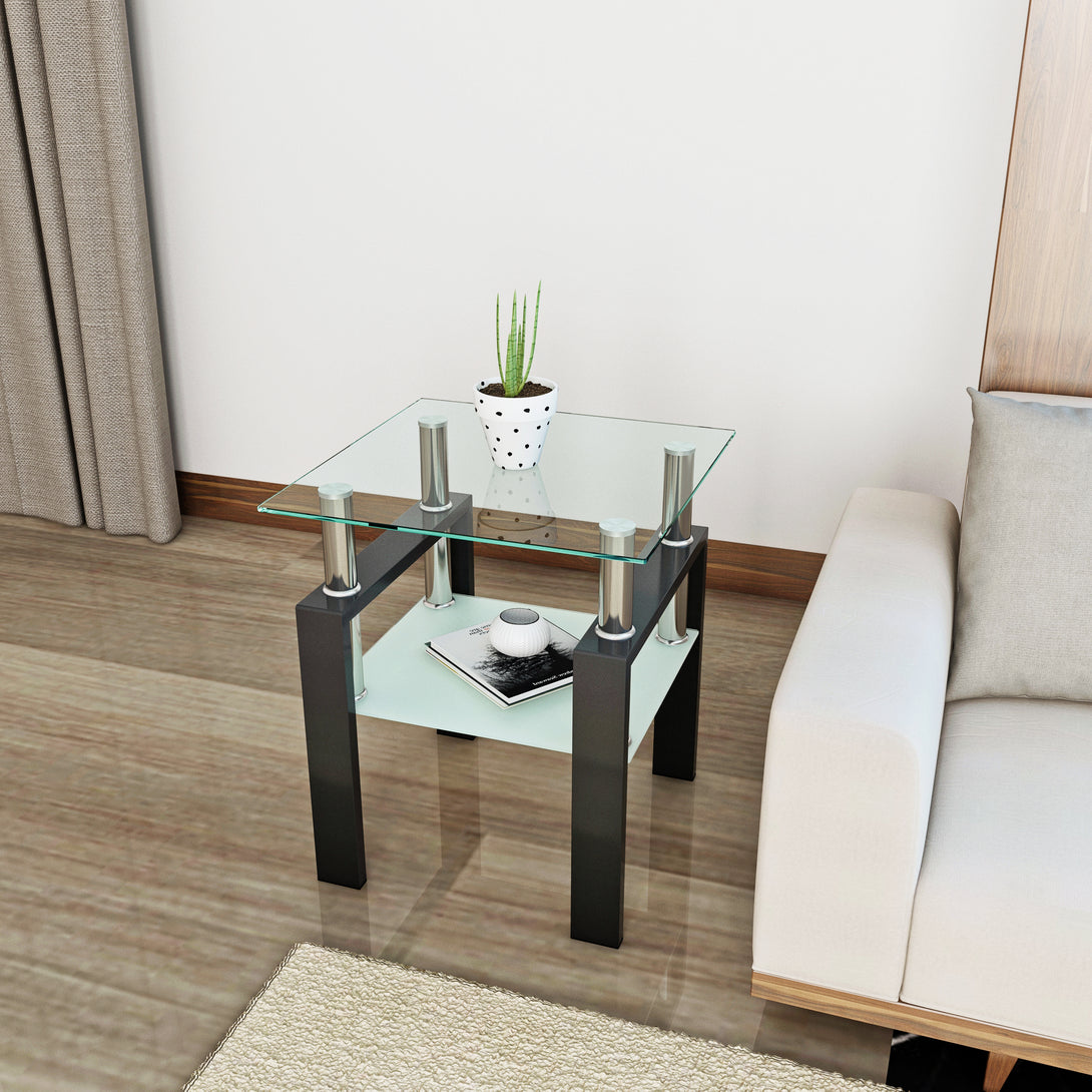 Tempered Glass Bedside Corner Coffee Table Contemporary End Table in Black_4