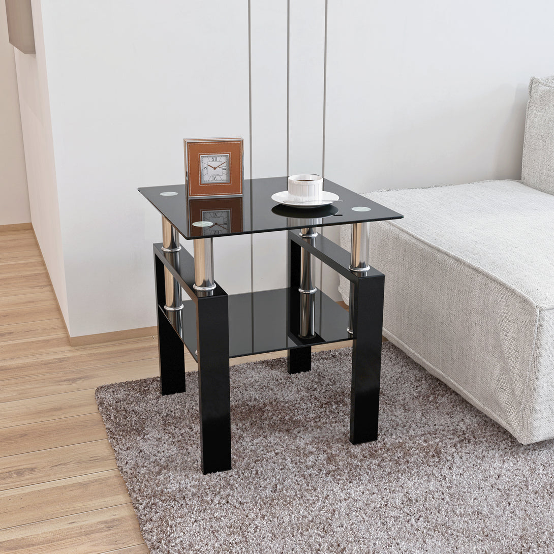 Modern Tempered Glass Coffee and Tea Table Square End Table in Black_3