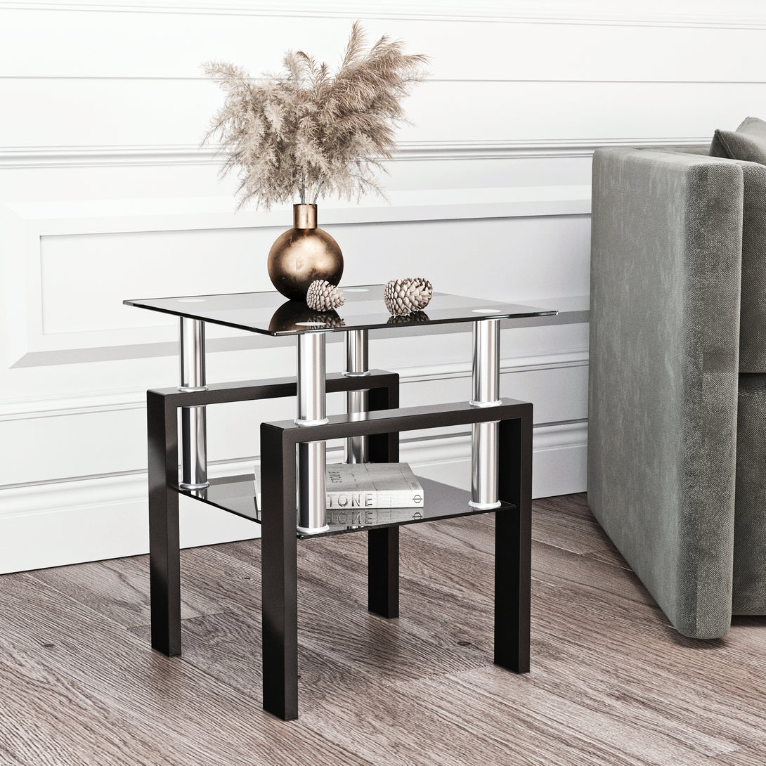 Modern Tempered Glass Coffee and Tea Table Square End Table in Black_2