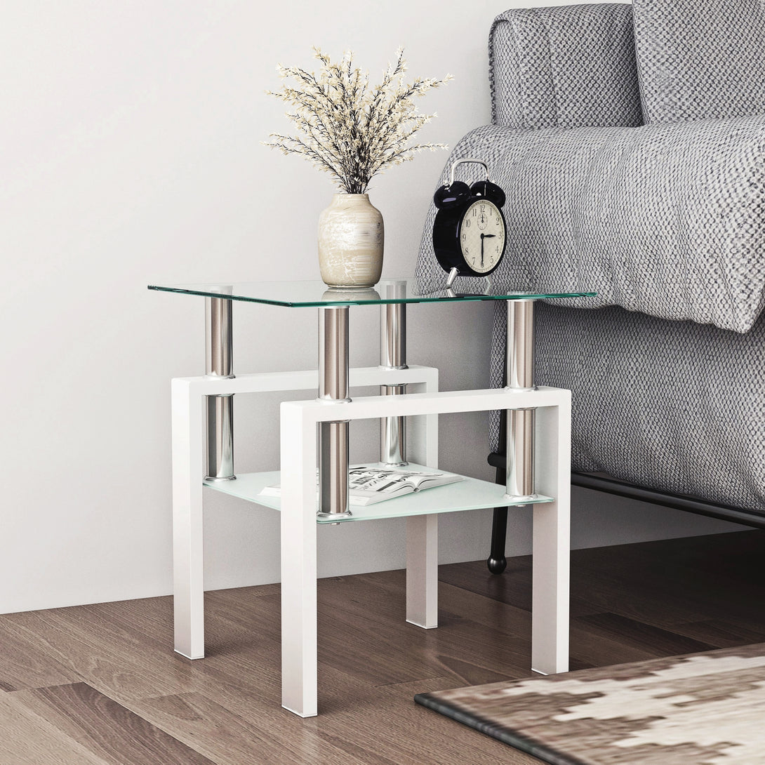 Tempered Glass Bedside Corner Coffee Table Contemporary End Table in White_4