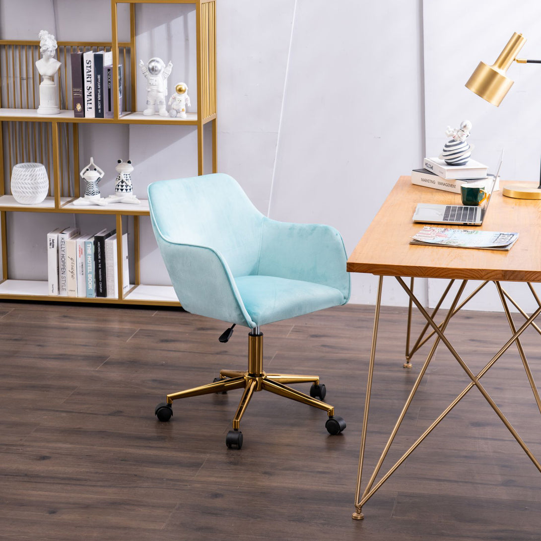 360° Revolving Modern Design Velvet Home and Office Chair with Metal Legs- Light Blue_3