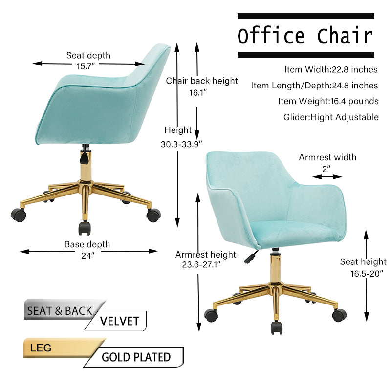 360° Revolving Modern Design Velvet Home and Office Chair with Metal Legs- Light Blue_5