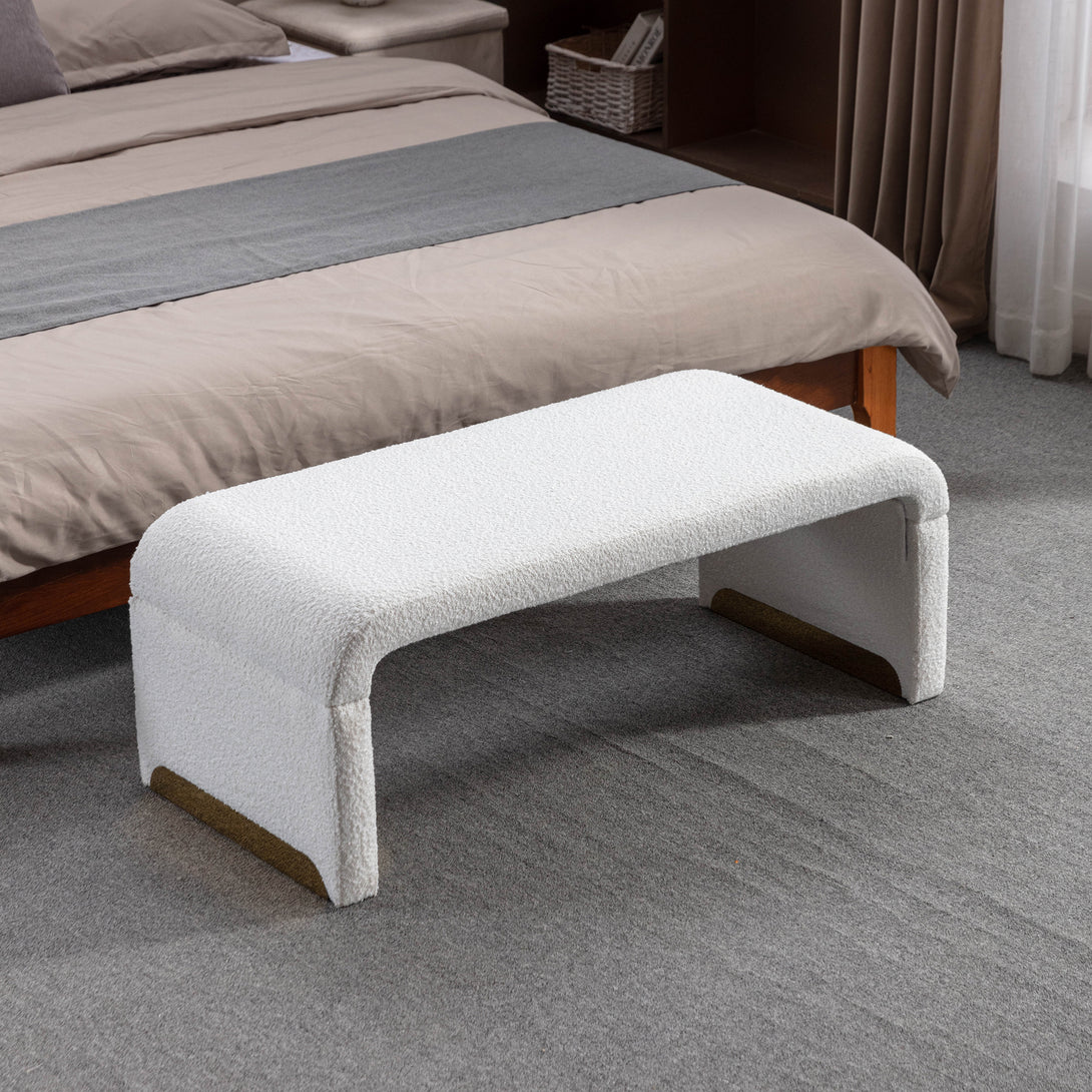 Boucle Fabric Loveseat Ottoman Bedroom Footstool With Gold Metal Legs- Ivory White_0