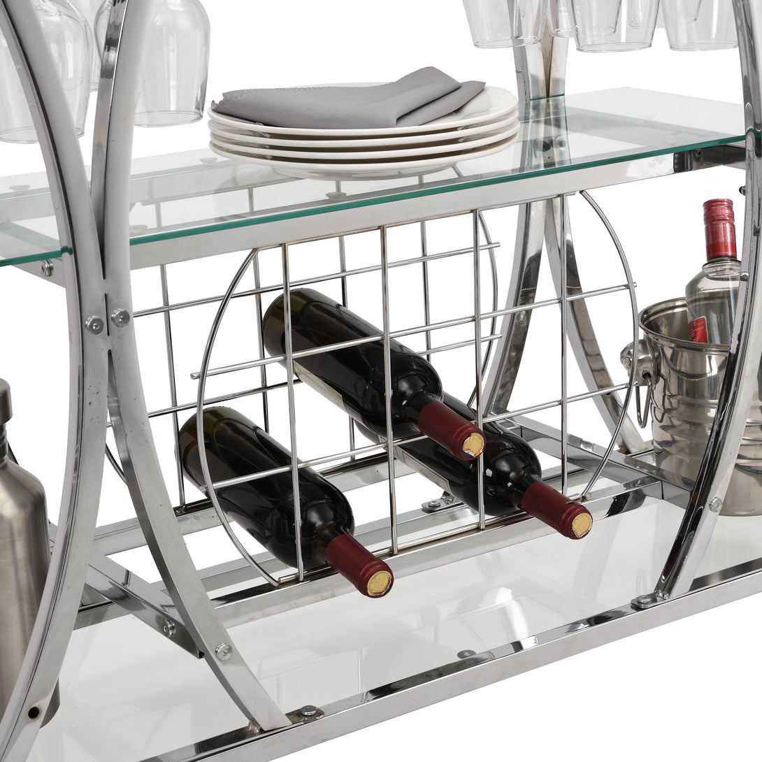 Bar Cart with Wine Rack Glass Metal Frame Wine Storage-Silver_8