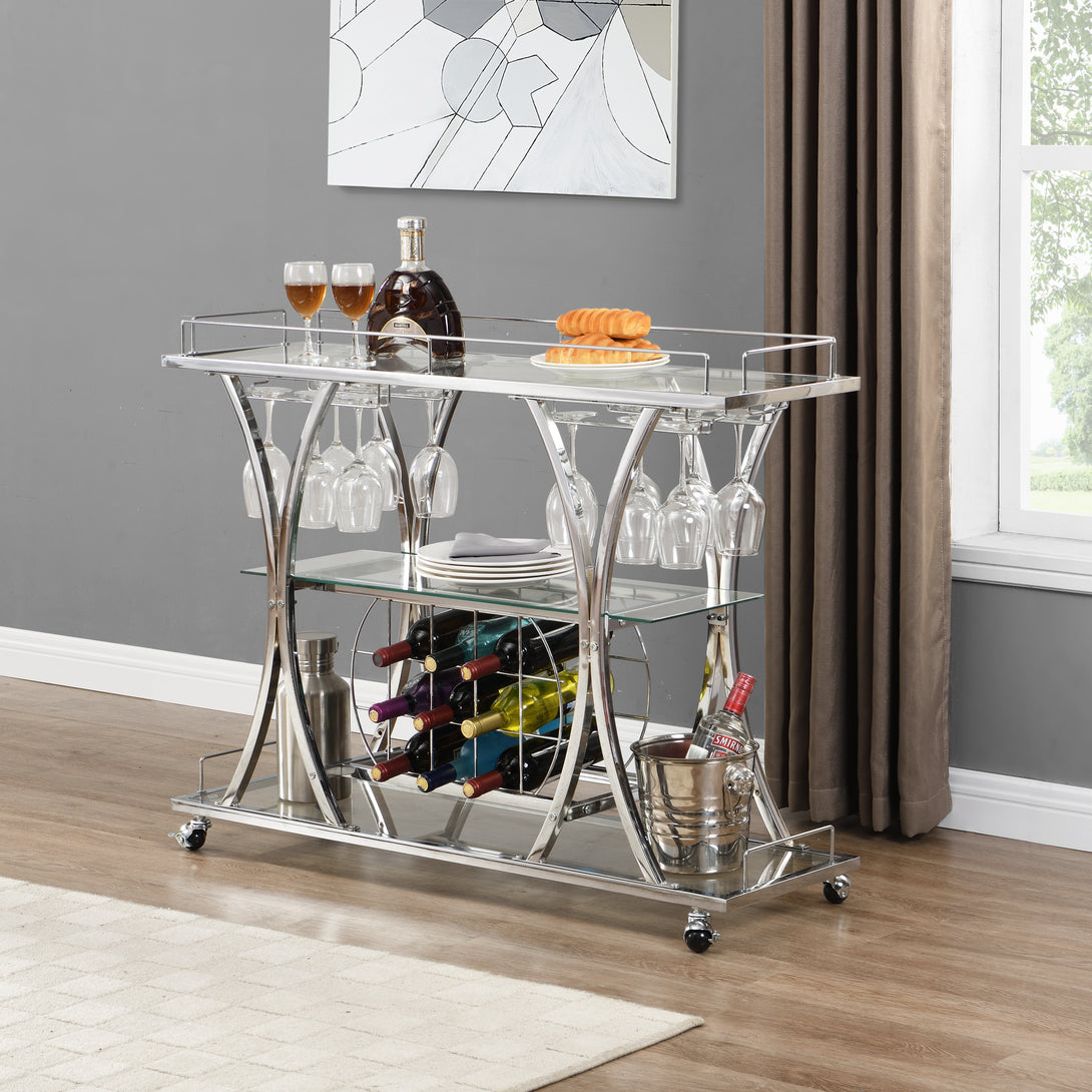 Bar Cart with Wine Rack Glass Metal Frame Wine Storage-Silver_2