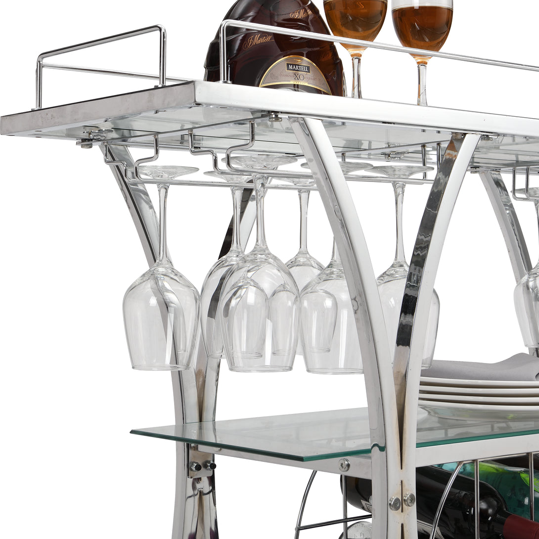 Bar Cart with Wine Rack Glass Metal Frame Wine Storage-Silver_9