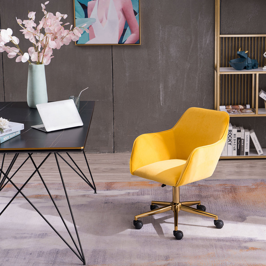 360° Revolving Modern Design Velvet Home and Office Chair with Metal Legs- Yellow_1