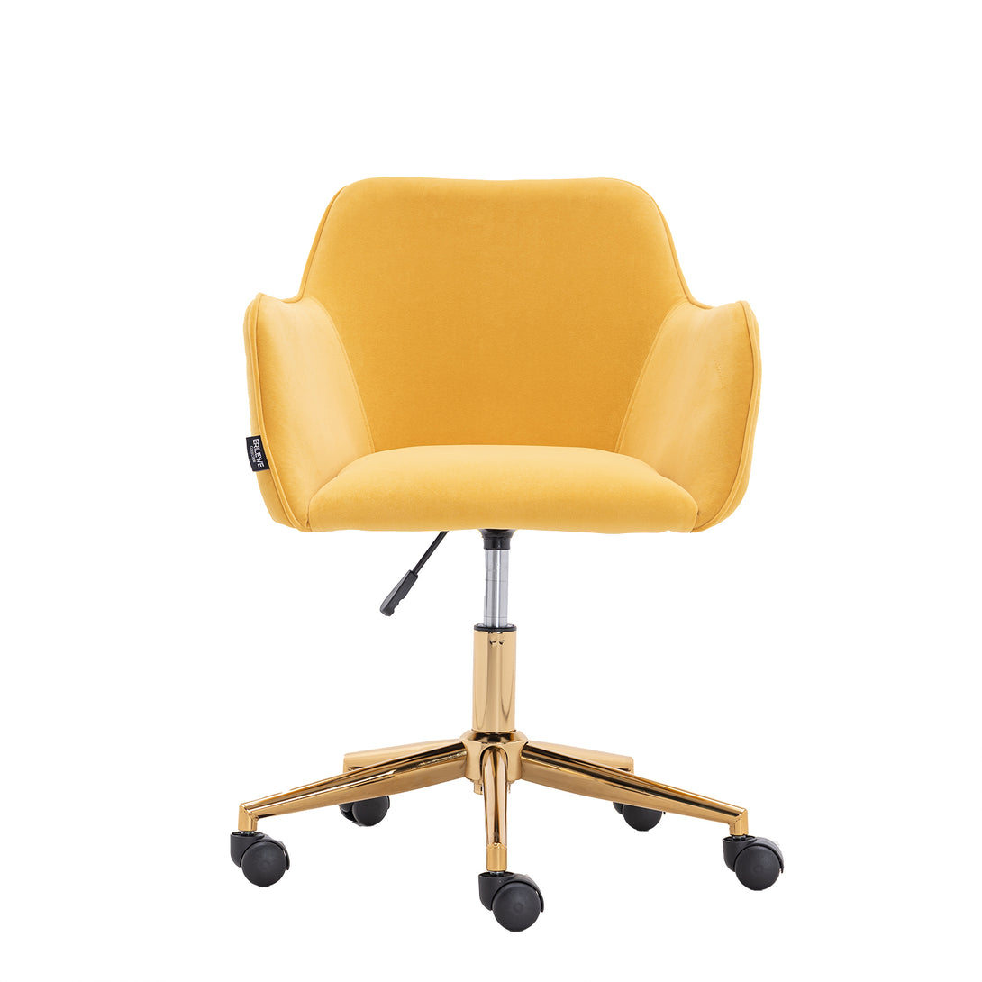 360° Revolving Modern Design Velvet Home and Office Chair with Metal Legs- Yellow_17