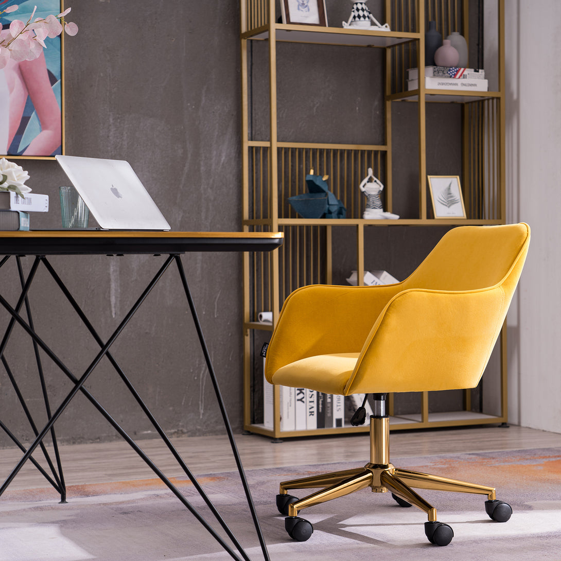 360° Revolving Modern Design Velvet Home and Office Chair with Metal Legs- Yellow_2