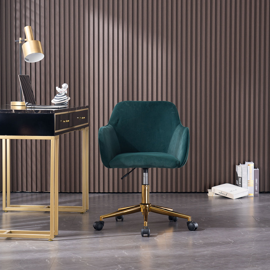 360° Revolving Modern Design Velvet Home and Office Chair with Metal Legs- Dark Green_3