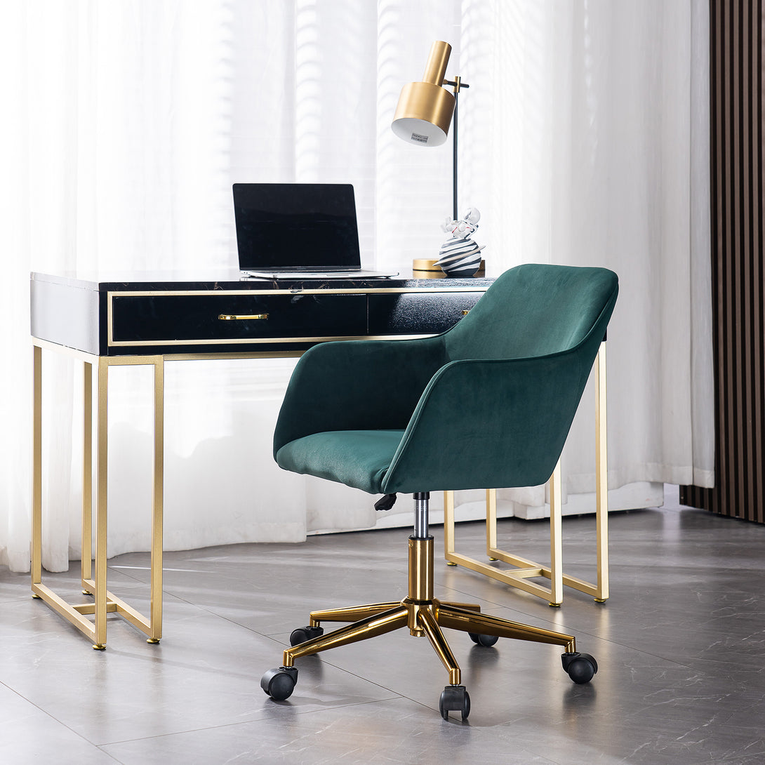 360° Revolving Modern Design Velvet Home and Office Chair with Metal Legs- Dark Green_0