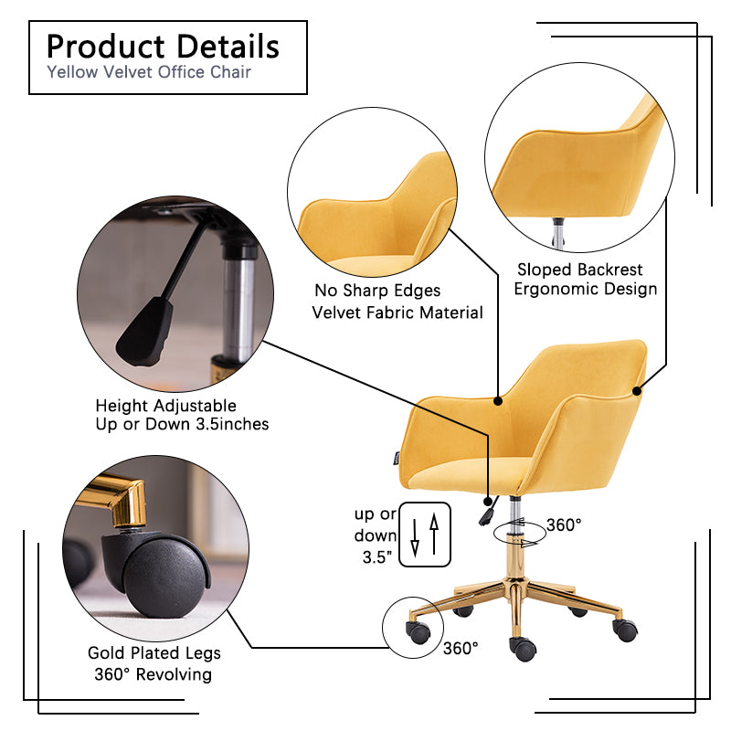 360° Revolving Modern Design Velvet Home and Office Chair with Metal Legs- Yellow_20