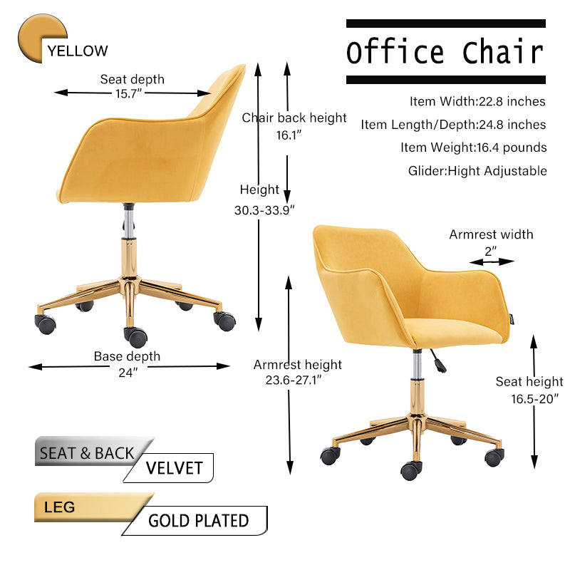 360° Revolving Modern Design Velvet Home and Office Chair with Metal Legs- Yellow_19