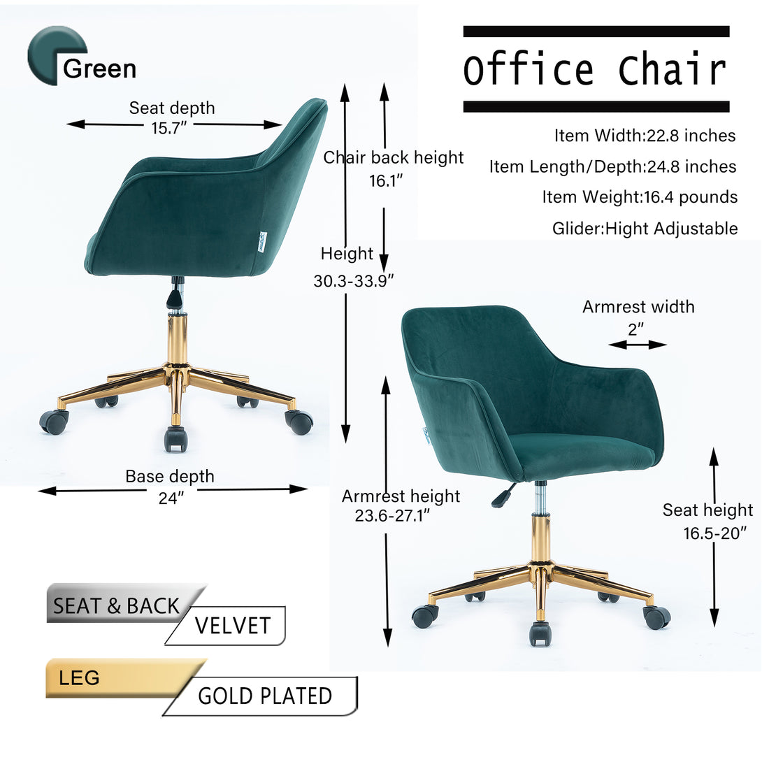 360° Revolving Modern Design Velvet Home and Office Chair with Metal Legs- Dark Green_14