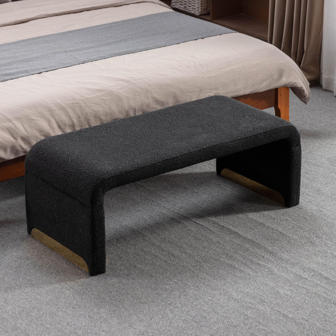 Boucle Fabric Loveseat Ottoman Bedroom Footstool With Gold Metal Legs- Black_1