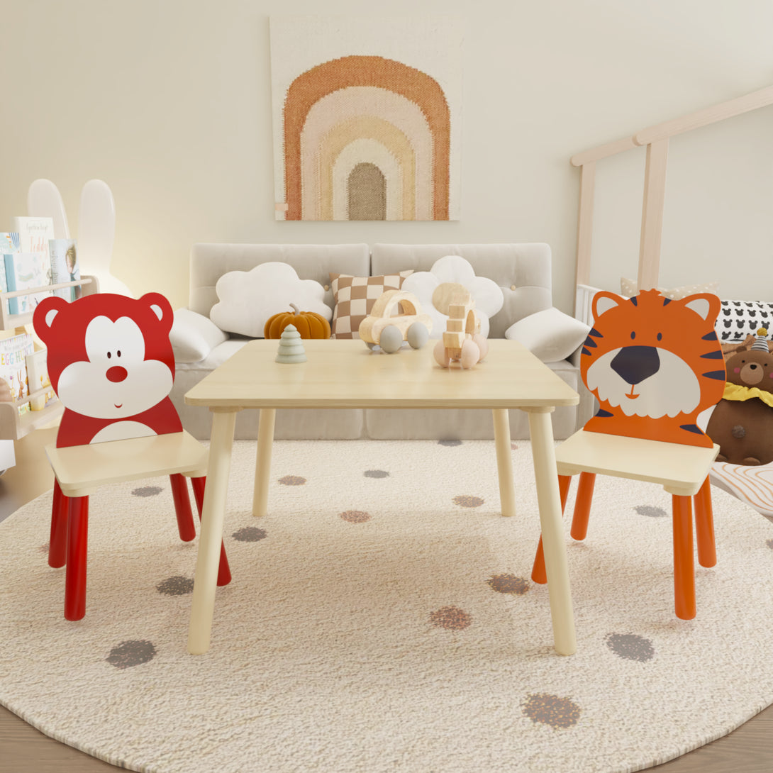 Animal Designed Kid’s Wooden Table with 2 Chair Set Activity Play Table Set (Bear, Tiger)_3