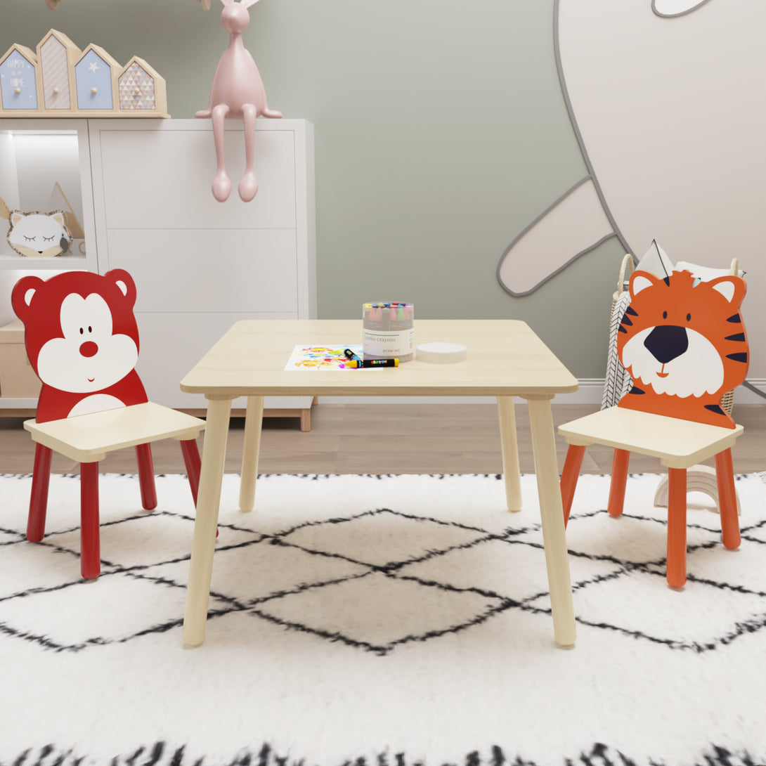 Animal Designed Kid’s Wooden Table with 2 Chair Set Activity Play Table Set (Bear, Tiger)_1